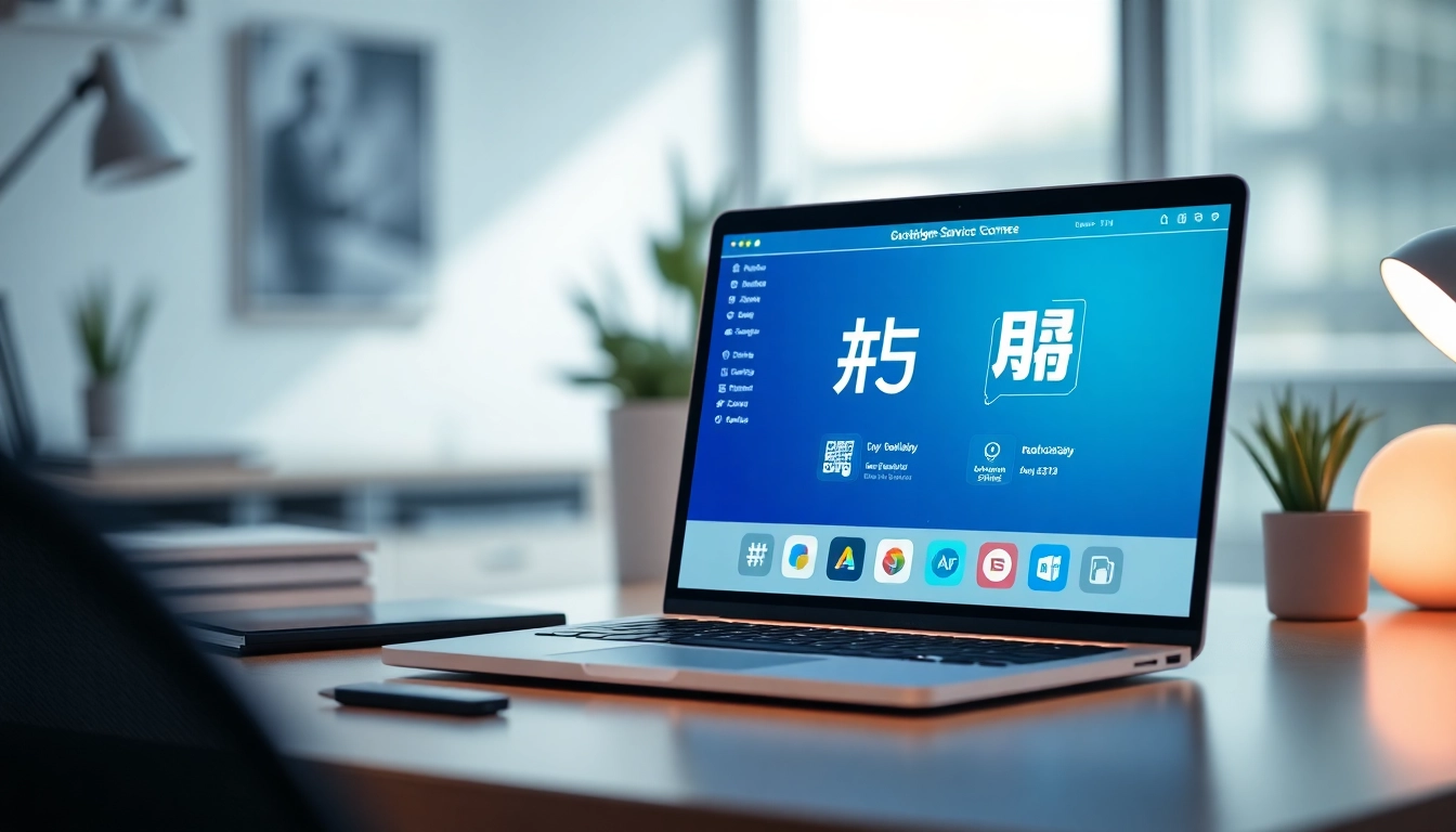Engage with 美洽客服系统 on a sleek laptop in a modern office, showcasing its user-friendly interface.