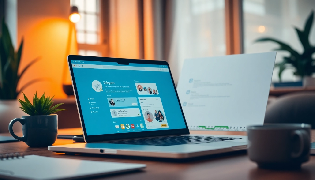 Engage with Telegram电脑端 on a sleek laptop in a modern workspace for effective communication.