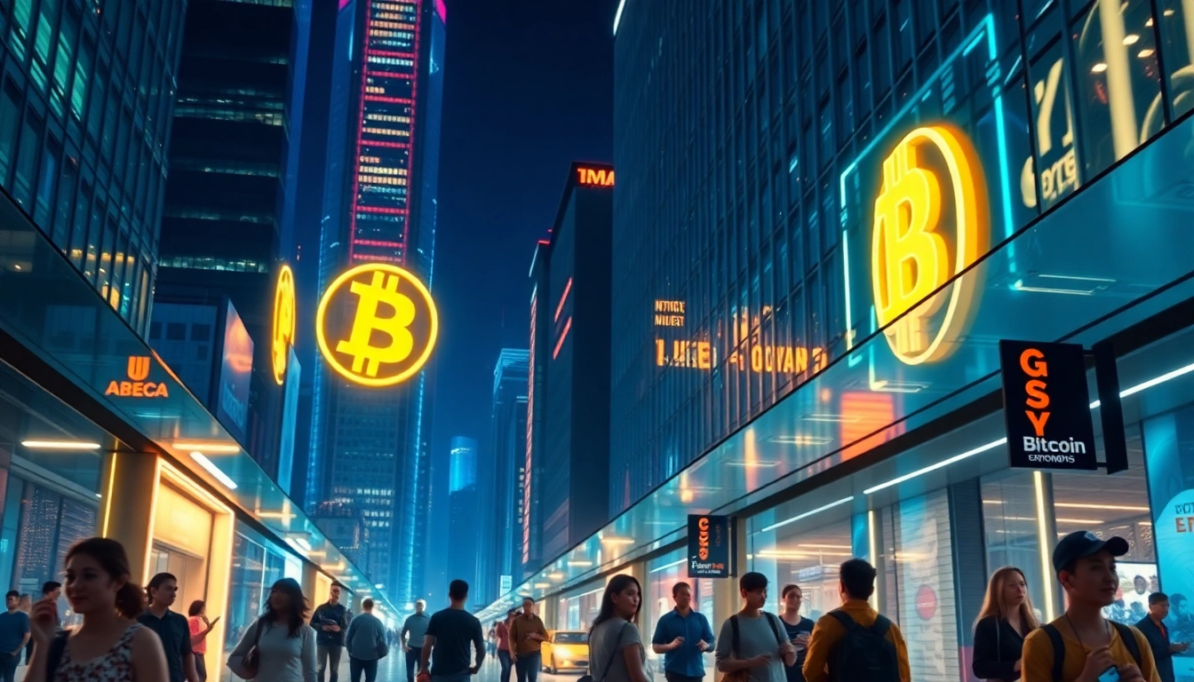 Explore Bitcoin in a vibrant, futuristic city surrounded by neon lights and technology.