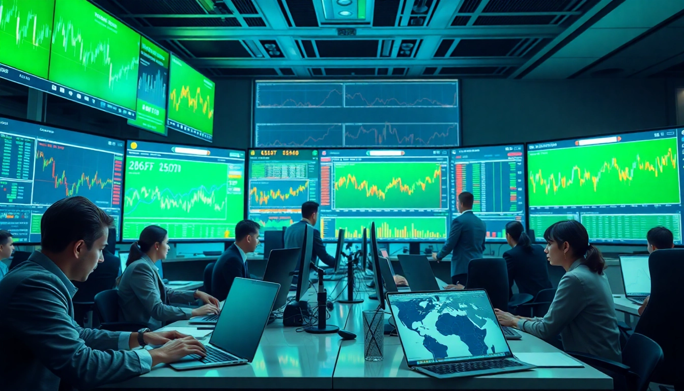 Engage in dynamic Tradings with diverse traders analyzing multiple screens in a modern office environment.