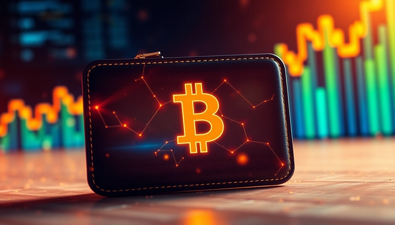 Visualize the rise of Bitcoin investment with a digital wallet and dynamic charts showcasing growth.