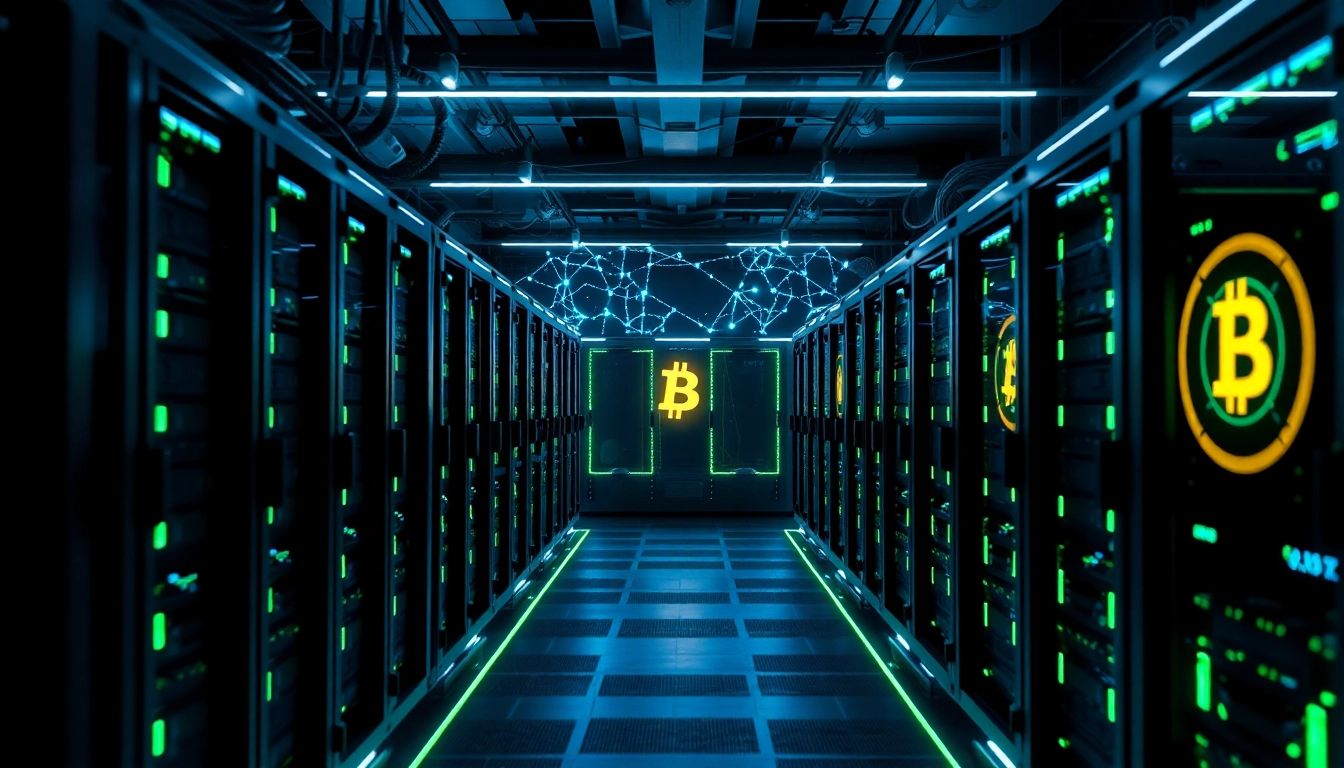 Explore the advanced Bitcoin mining technology in a high-tech facility, showcasing mining rigs and blockchain elements.
