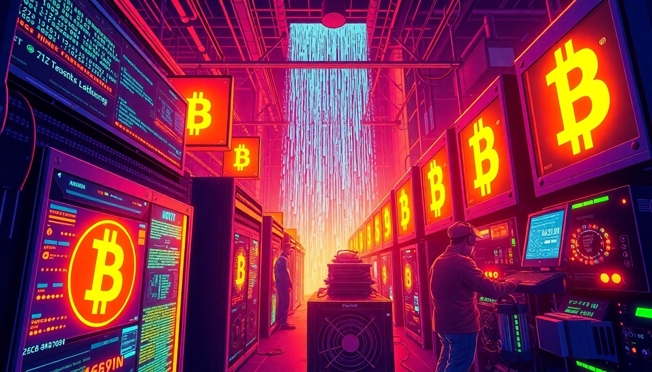 Experience the dynamic world of Bitcoin mining with miners and high-tech equipment illuminating the scene.