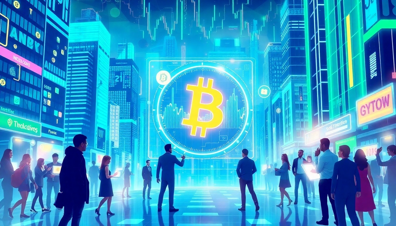 Explore a dynamic illustration showcasing crypto innovations with vibrant graphs and symbols.