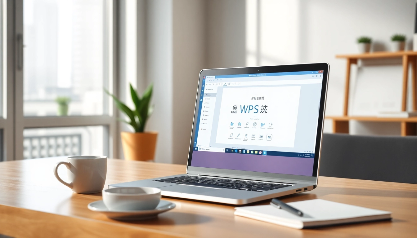 View of a user actively engaging with wps中文版 software on a laptop in a bright, modern office.